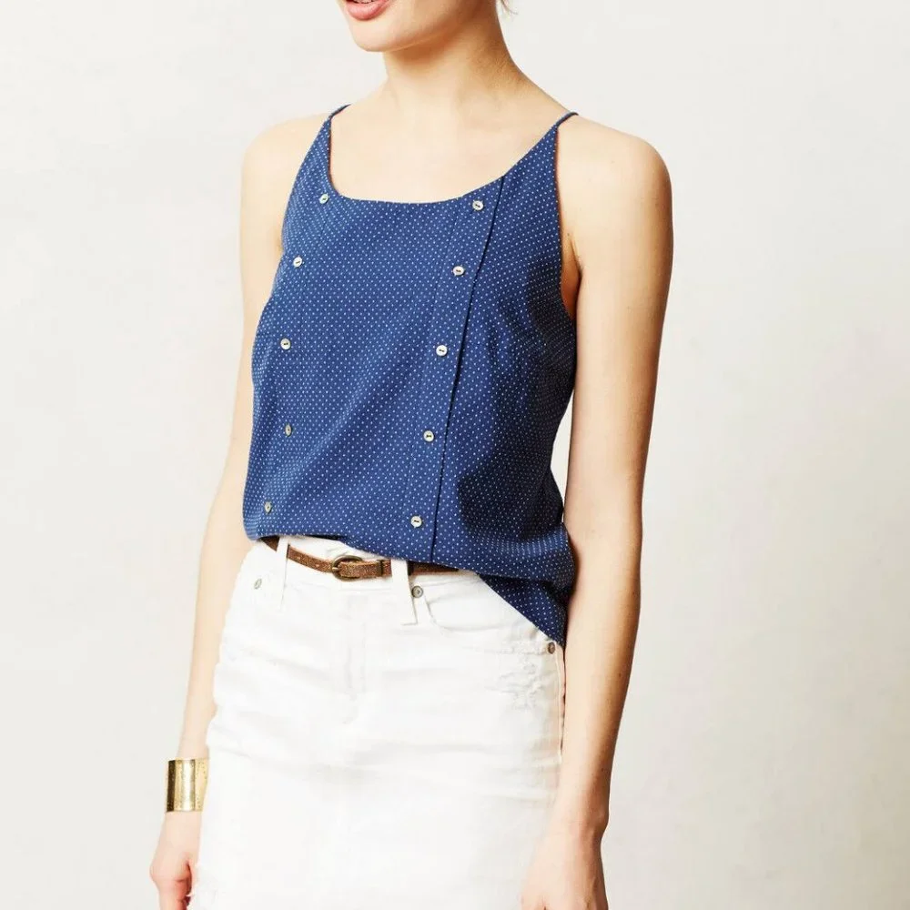 Anthropologie Dotted Buttonline Tank Top & Matching Skirt Set Navy Blue, Size L